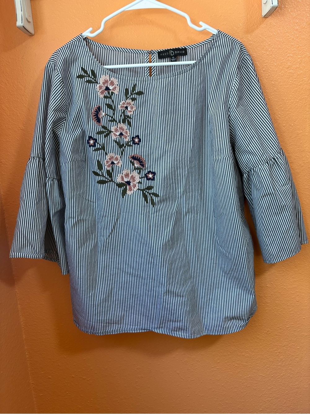 Fred David  Blue Striped Floral Embroidered Bell Sleeve Top